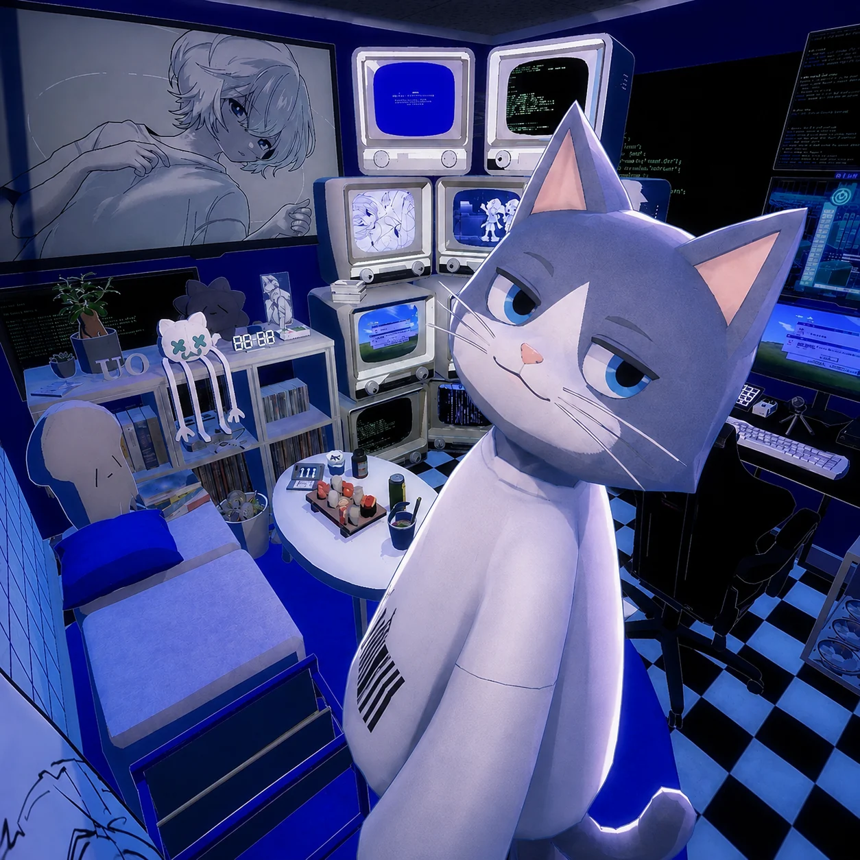 Otaku Cat in his room, a wall of old televisions behind him